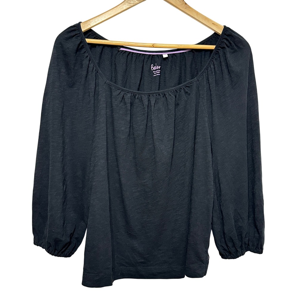 Boden Cotton Slub Puff Sleeve Blouse Womens 10 Black T0945 Boho Peasant Casual